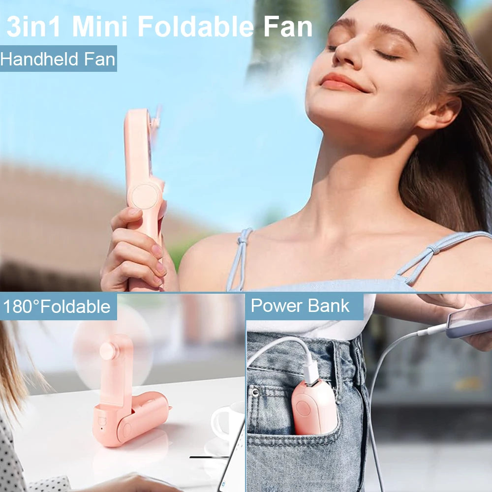 Portable Handheld Fan | Foldable & USB Rechargeable | 2-in-1 Power Bank