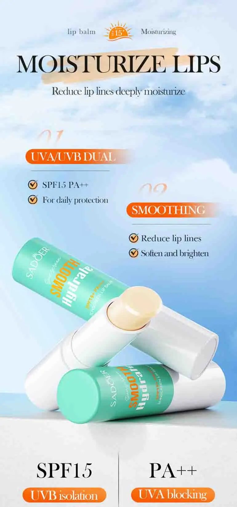 Lip Sunscreen SPF 15 | Moisturizing Lip Balm | Sun Protection & Nourishing